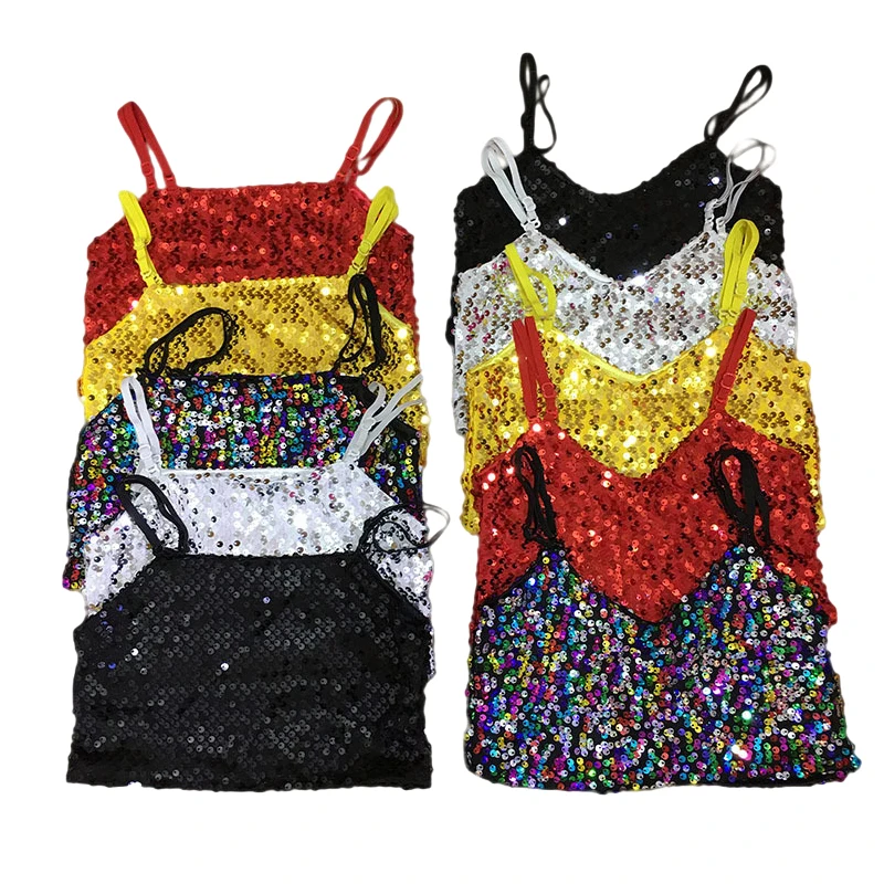 Ladies Kids Crop Top Vest with Sequins for Adult Party Summer Gold Tank Streetwear Sleeveless Clothing Strapless Vintage Costume