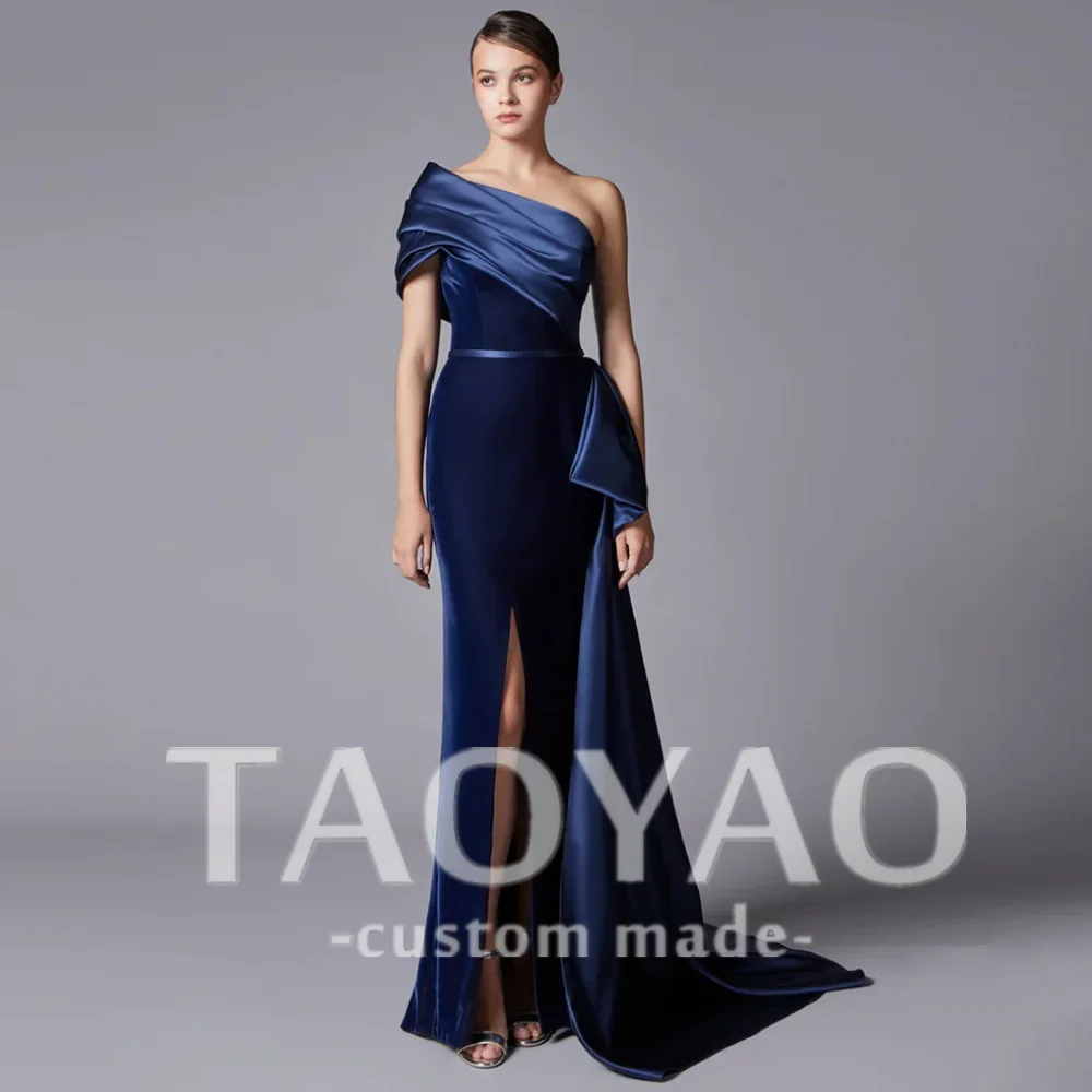 

Blue Velour Mermaid Evening Dress One Shoulder Pleat Side Slit Sweep Train Saudi Arab Formal Occasion Dresses Prom Gown 2024