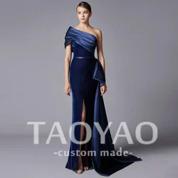 Blue Velour Mermaid Evening Dress One Shoulder Pleat Side Slit Sweep Train Saudi Arab Formal Occasion Dresses Prom Gown 2024