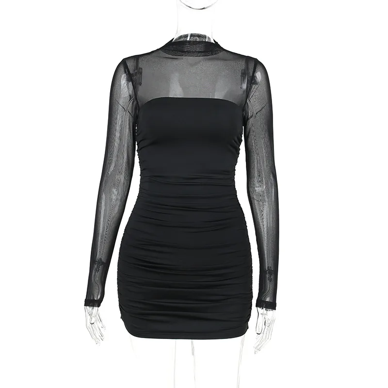Sehen Durch Schwarz, Figurbetontes Kleid Für Frauen Kleidung Schlank Sexy Streetwear Langarm Vestidos De Mujer Patchwork Mode Outfits – Detail 10