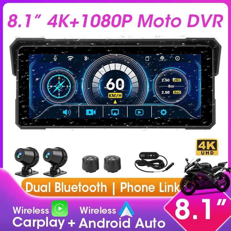 5/8.1 inch Waterproof Motorcycle GPS Navigation 4K Front 1080P Rear Dash Cam Wireless Carplay Android Auto Bluetooth Recorder