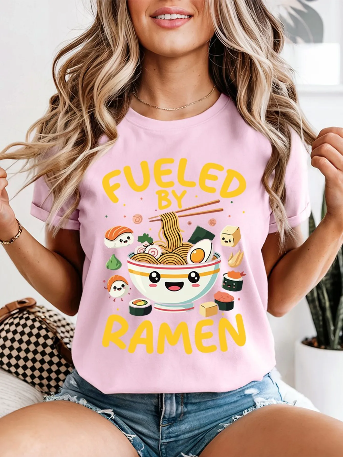 Cute Fueled By Ramen Cartoon Noodle Sushi Bowl Kawaii Art Print Graphic Ladies T Shirt Short Sleeve Crew Neck Casual Tee Tops