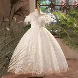 2024 Royal Party Dress for Junior Girls Kids White Lace Feather Bridesmaid Dresses for Weddings Teenager Piano Performance Gowns