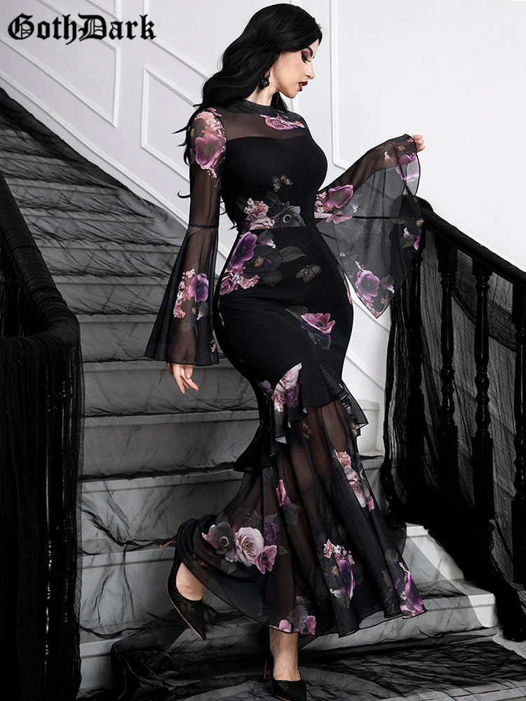 فستان ماكسي شفاف شبكي مطبوع عليه زهور بتفاصيل مكشكشة داكنة من Goth للنساء ملابس برقبة دائرية فساتين قوطية للعطلات والبحر #1