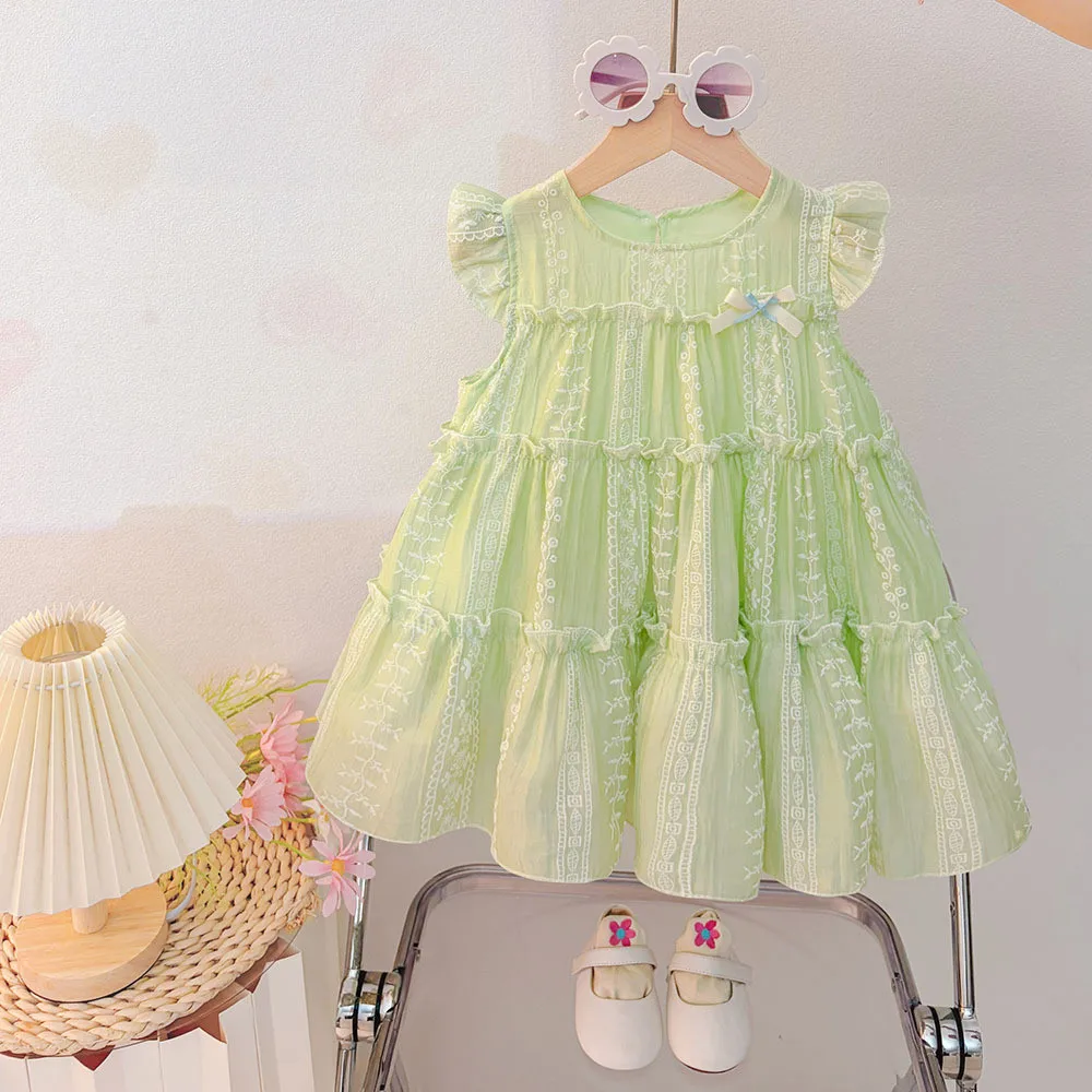 Korean Version Summer 1-3 Year Old Baby Girl Printed Round Neck Flying Sleeve Butterfly Bow Princess Dress for Birthday Party 4