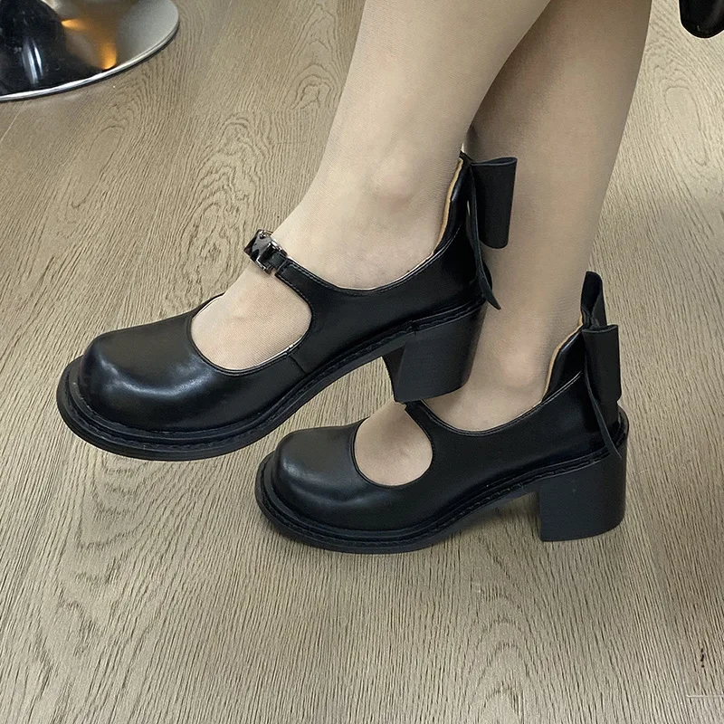 

Big Toe Bow Black High Thick Heels Mary Jane Shoes 2025 Spring New Coarse Heels Women's Versatile Leather Shoes Single Shoes