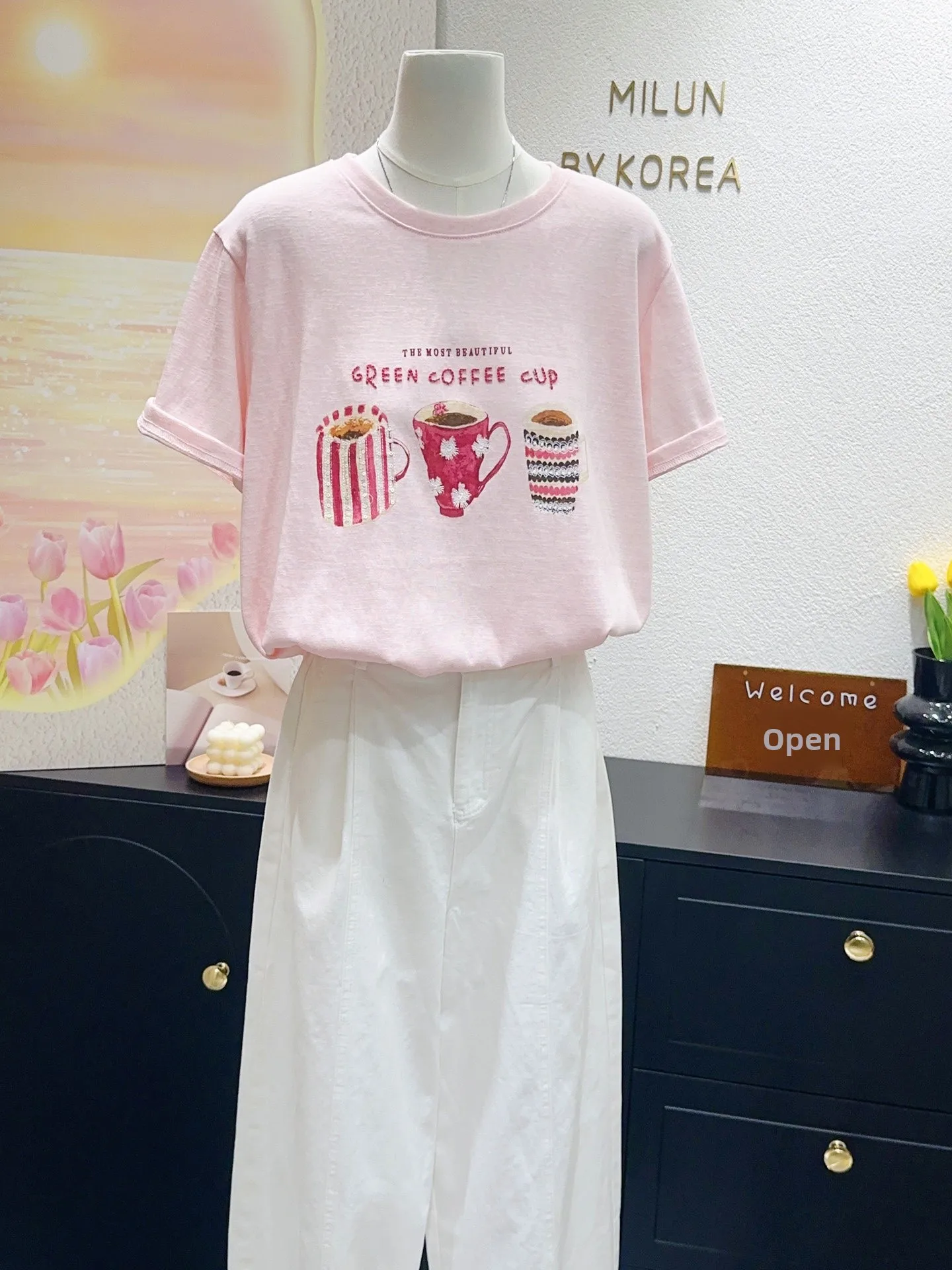 Korean Style Soft Pink Artistic Forest Girl Shoulder Length Short Sleeve T-Shirt Women's Cool Loose Age-Defying Base Shirt