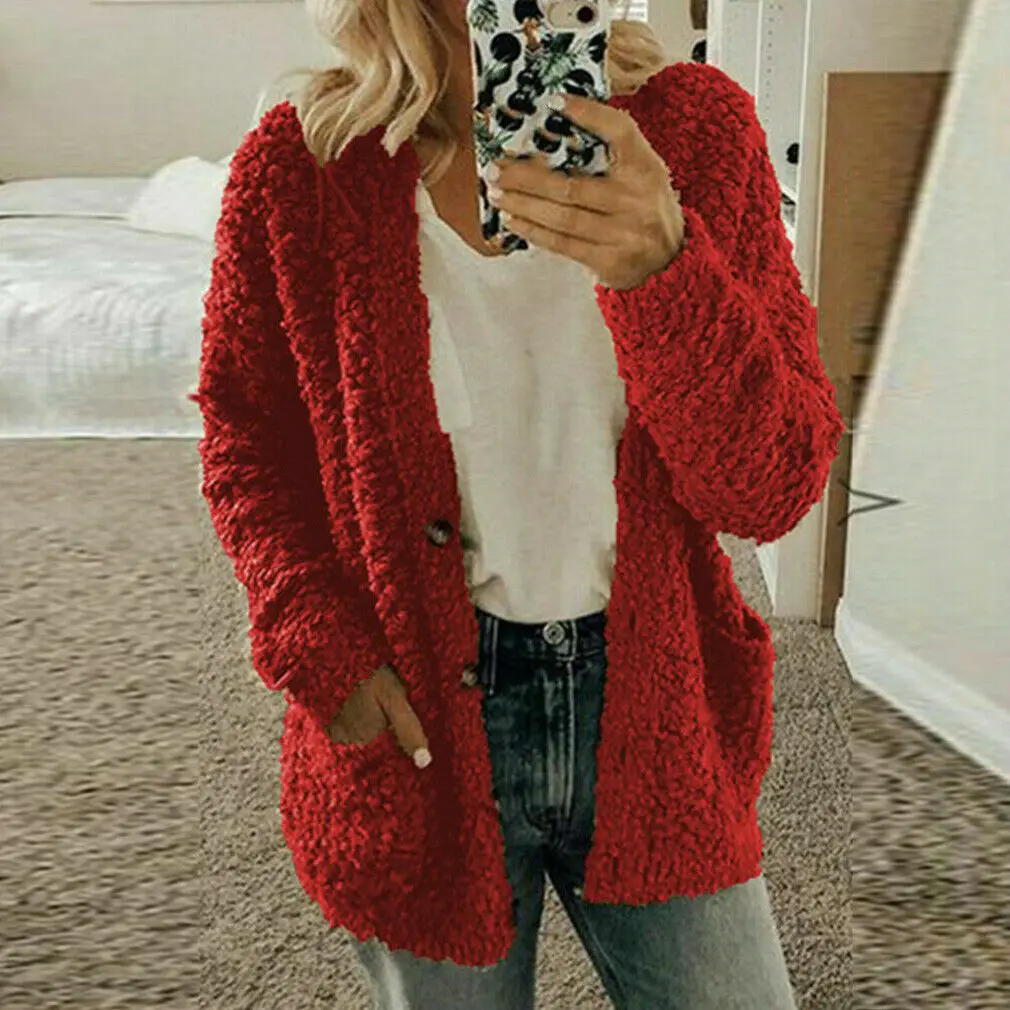 Womens Casual Coat Soft Woolen Fleece Jumper Fluffy Lady Girl Cardiga