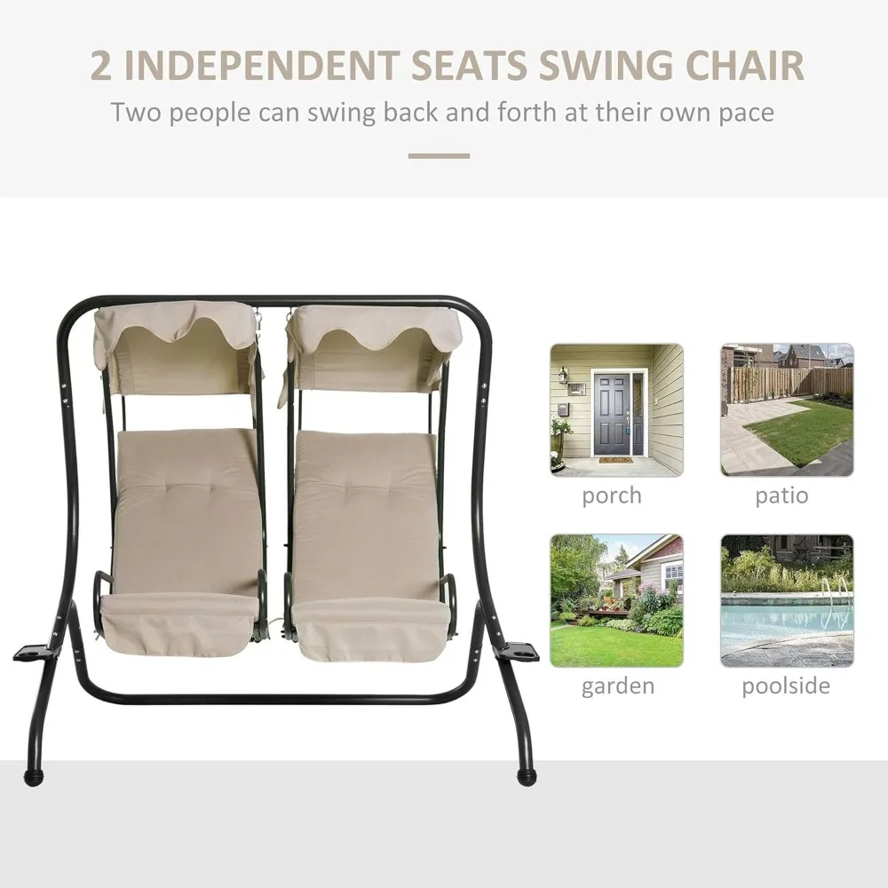 Cadeira de balanço para pátio com 2 assentos separados, planador de balanço externo com dossel removível e porta-copos, para varanda, jardim