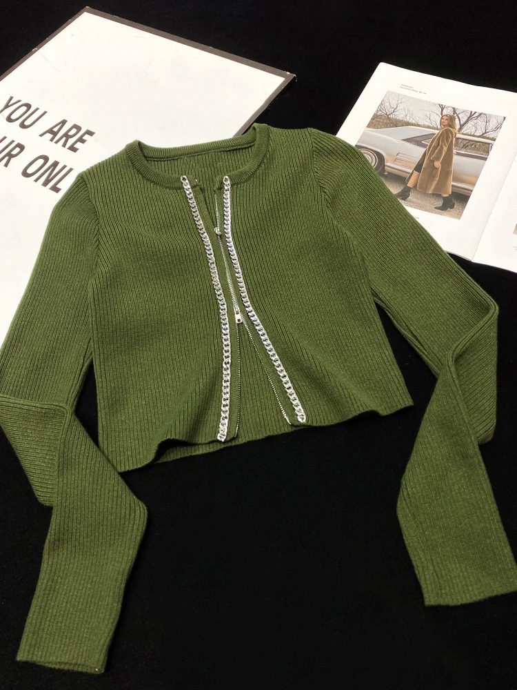 [YOZOU] Autumn Design Black Green Cropped Knitwear Knitted Cardigan Women Slim Top Kpop Korean Style Sweater with Chain