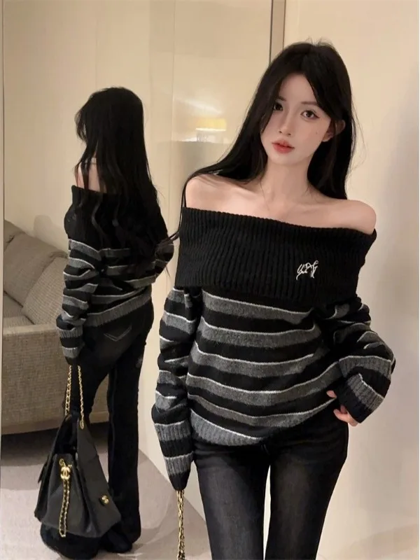 

Осенне-зимний женский свитер в корейском стиле: шикарный, с открытыми плечами, в полоску, с вышивкой, свободного кроя, вязаный, повседневный, в стиле lazy style
