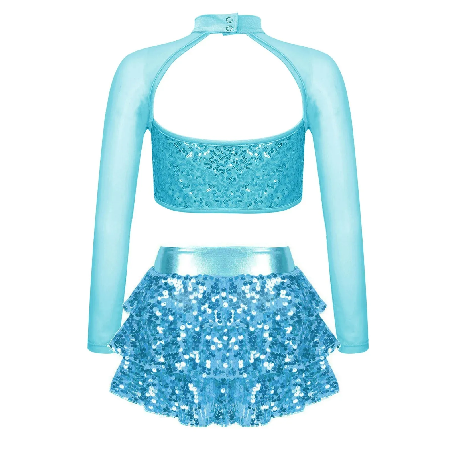 Girls Shiny Sequin Jazz Dance Stage Performance Outfit Long Sleeve Cutout Crop Top with Tiered Culottes Party Costume Dancewear