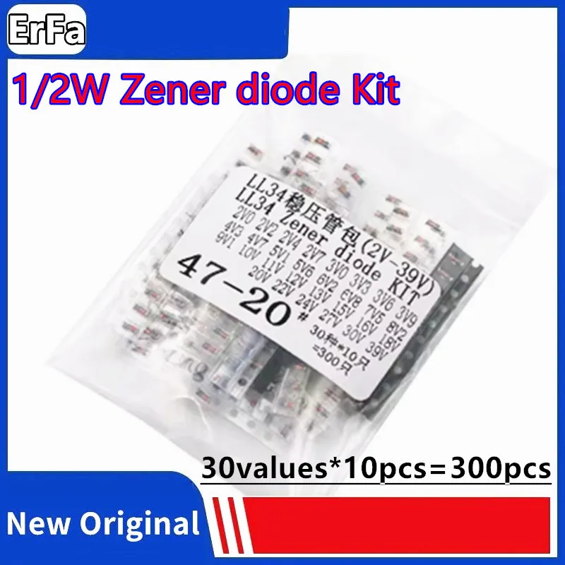 30values*10pcs=300pcs 1/2W 0.5W LL34 Zener diode Kit 2V~39V 2V2 2V4 2V7 3V0 3V3 3V6 3V9 4V3 4V7 5V1 6V8 20V 22V 241V 27V 30V