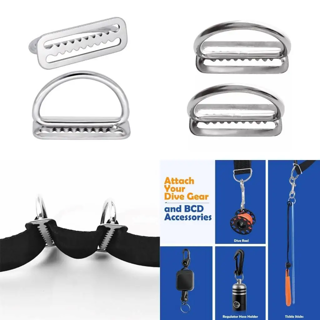 

R6FE 2Pcs Weight Belt Keeper Stainless Steel Weight Belt Stoppers Serrated Scubas Diving Weight Belt Retainer with D Rings