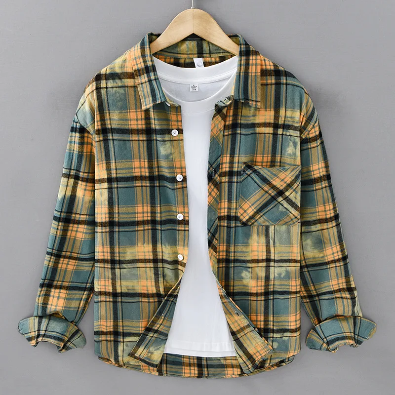 

Spring Fall High Street Tie-dyed Plaid Shirt Men American Trendy Long Sleeve Man Shirts Pure Cotton Casual Shirts Handsome Tops