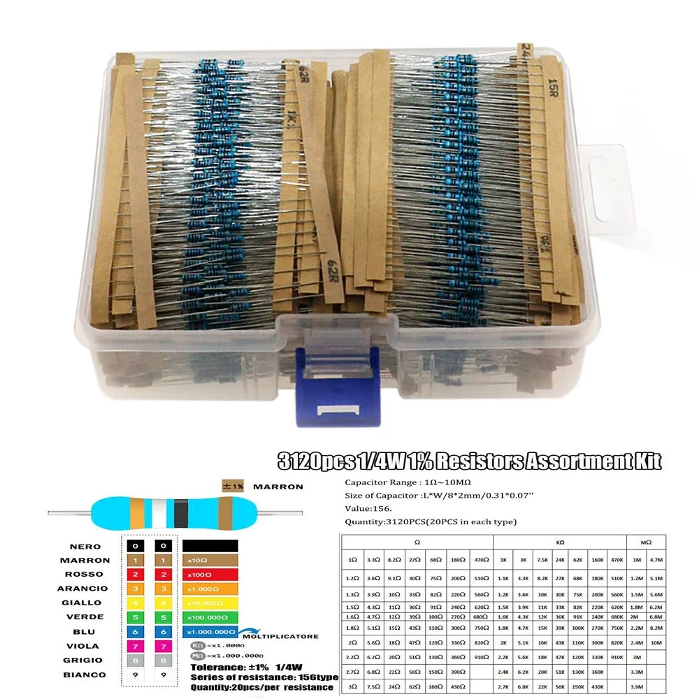 3120pcs 156 Values 1 -10M Ohm 1/4W 5% Carbon Film Resistors Assortment Kit Electronic Components