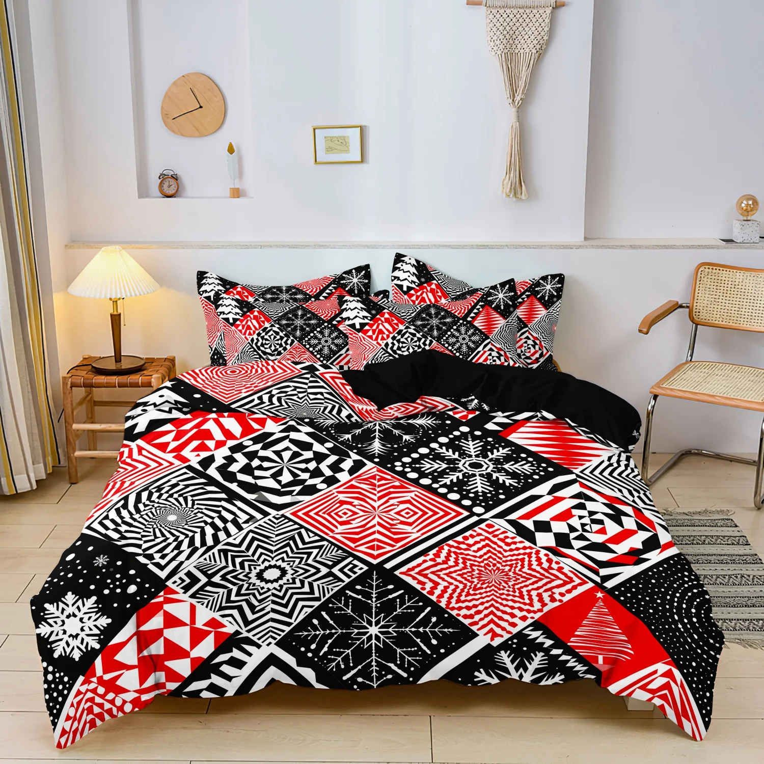 3Pcs Red Black White Abstract Mosaic Christmas Duvet Cover Set, Geometric Snowflake Christmas Tree Pattern Bedding