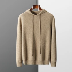 Sudadera con capucha de lana australiana pura para hombre, suéter de punto con capucha de Cachemira, suéter suelto de primera línea listo para usar, Otoño, 100%