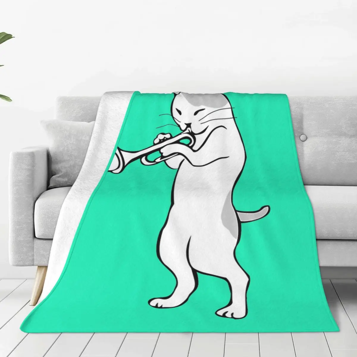 Cat Trumpet Player Straight Mute Wah Wah Funny Trumpet Blankets Soft Warm Flannel Throw Blanket Cover for Bed Travel Home Couch
