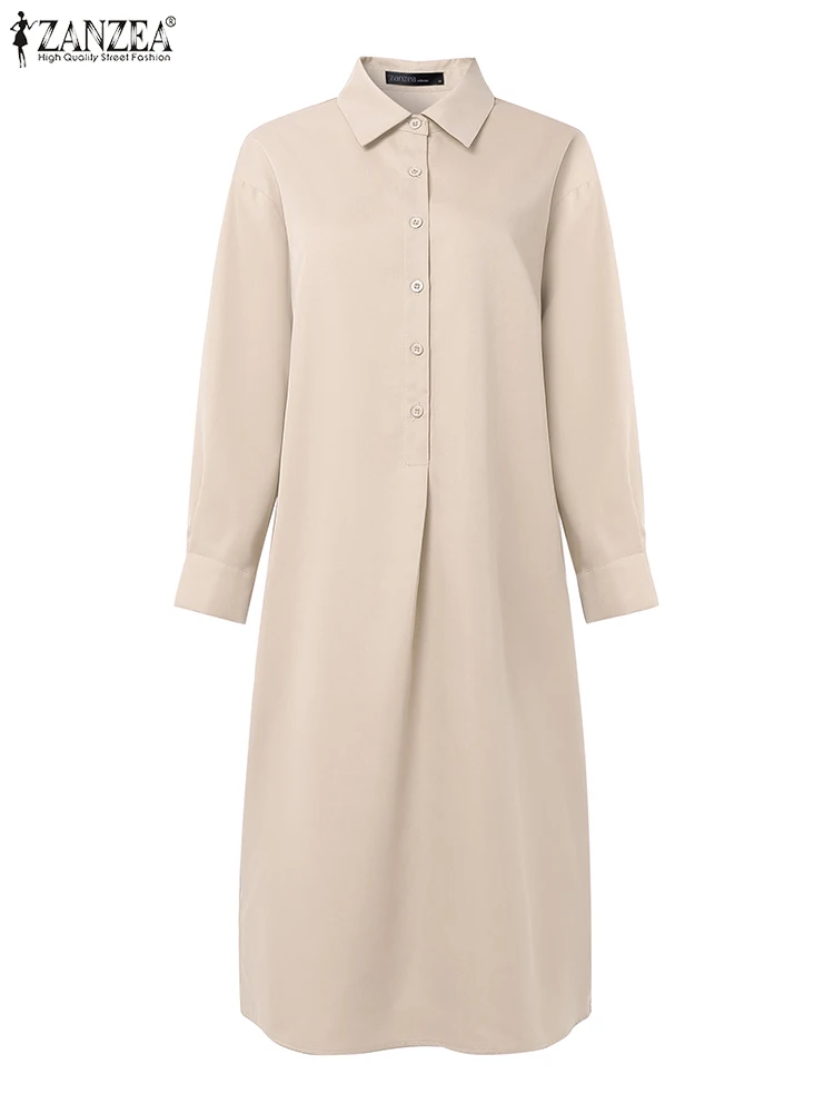 Zanzea feminino casual midi camisa 2025 outono solto turn-down colarinho manga longa meio botões vestido de cor sólida 3 cores S-3XL