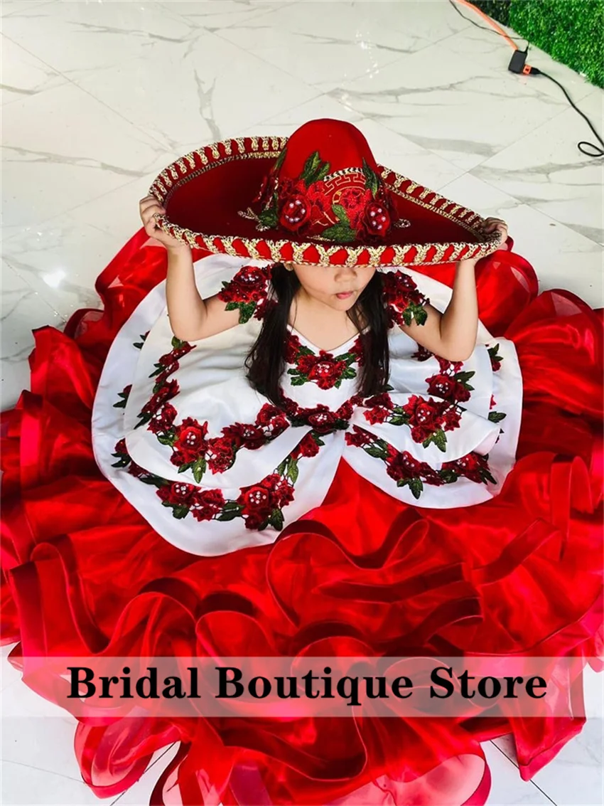 

Luxury 2025 Red Flower Girls Dress For Weddings Floral Applique Bead Diamonds RuffleChild Birthday Party Gown Customized