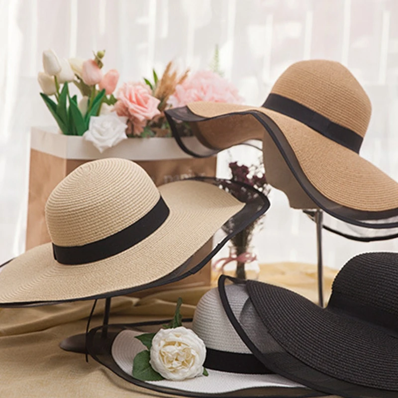 Women Wide Brim Straw Hat Lace Stitching Beach Hats  Ladies 2022 Summer UV Protection Elegant Foldable Sun Shade Cap Sunhat