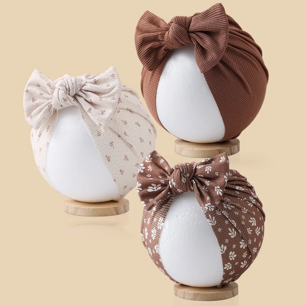 3Pcs/Lot Baby Boys Girls Flower Print Baby India Turban Hats Sweet Hair Bows Topknotted Caps Beanies Ins Bear Heart Headwraps