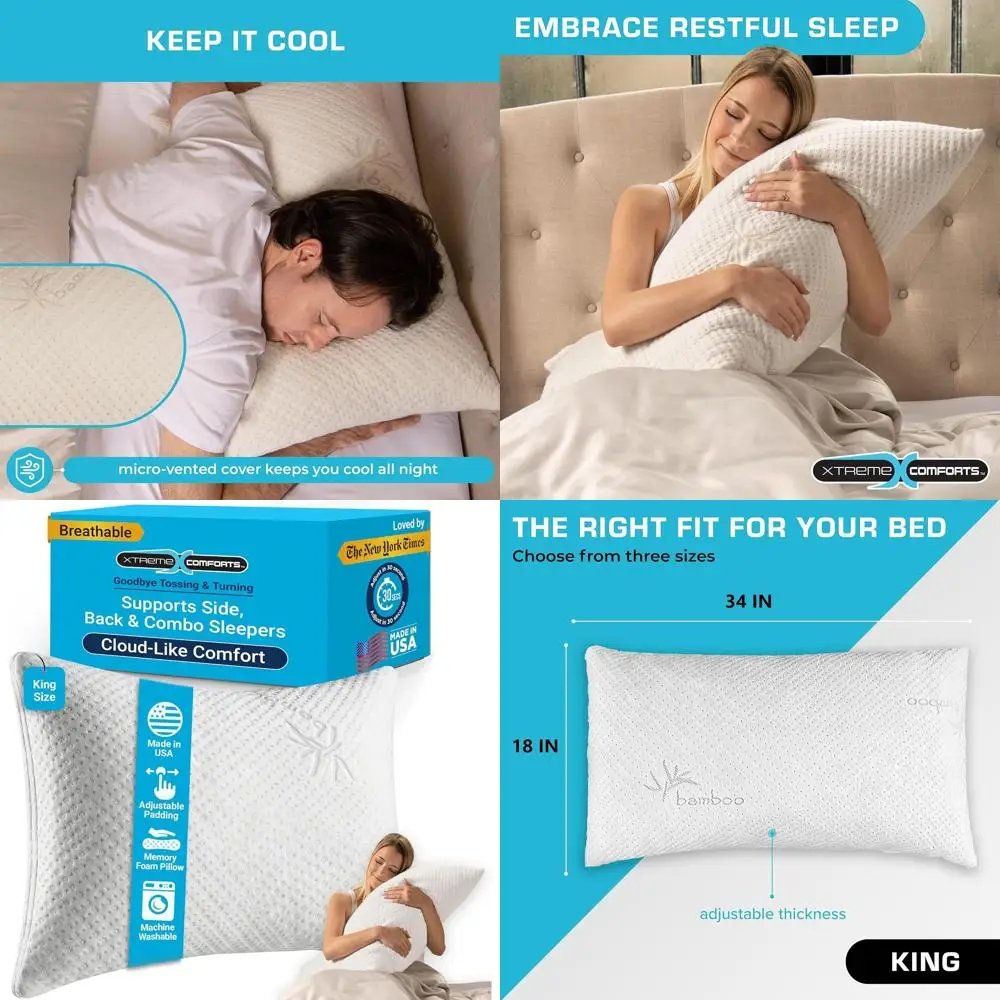 

Регулируемая подушка King Size из пены с эффектом памяти для сна на боку, спине и животе со съемным охлаждающим чехлом - Сделано в США