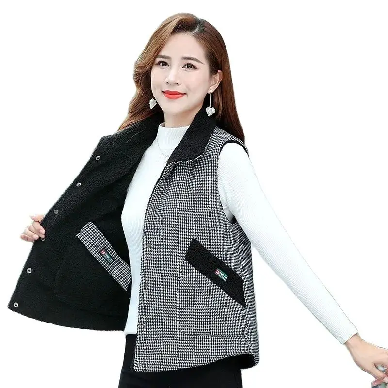 

Fashion Granular Velvet Plaid Cotton Vest Women's Winter Waistcoat TopTwo Sides Wearing Thickened Warm Cotton Jacket Coat Female