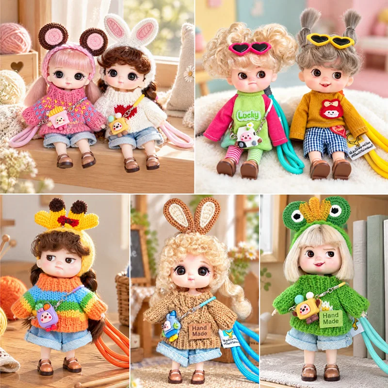 14cm Cute Smile Doll With Clothes Bag Charms Joints Moveable Ob11 Doll Keychain Pendant Children Toy Birthday Gift Dress Up Toy