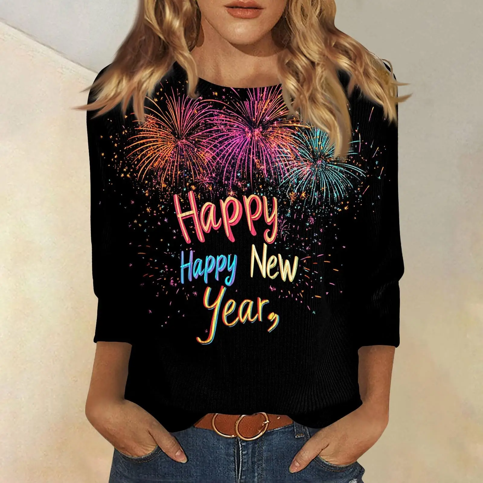 تي شيرت نسائي بطابع عيد الميلاد للعام الجديد مطبوع برقبة دائرية وأكمام طويلة، قميص فضفاض غير رسمي أبيض وأسود احتفالي #3
