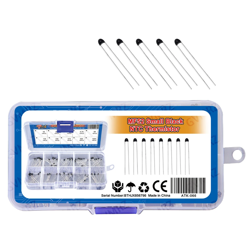 100PCS 1K 2K 3K 4.7K 5K 10K 20K 47K 10Values*10PCS NTC Thermistor Thermal Resistor kit MF52 NTC-MF52AT  50K 100K 5% 3950B