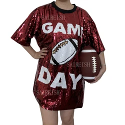 Dark Red Wine Game Day Sequin Shirt Dress