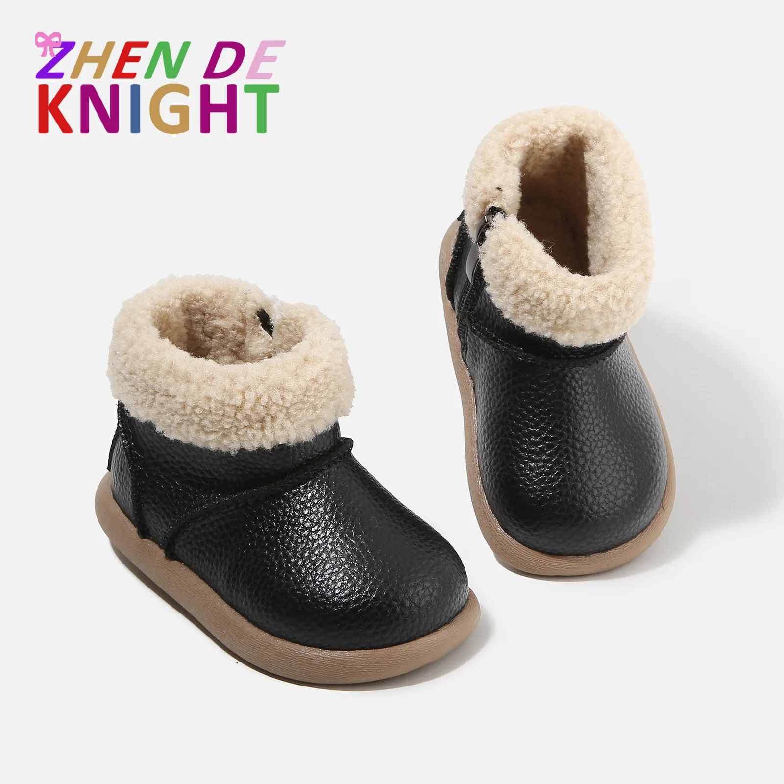 أحذية ثلج للأطفال مبطنة بالصوف الدافئ أحذية شتوية مقاومة للماء من الجلد ومضادة للانزلاق من القطن أحذية قصيرة للأطفال الصغار مشوا لأول مرة #1