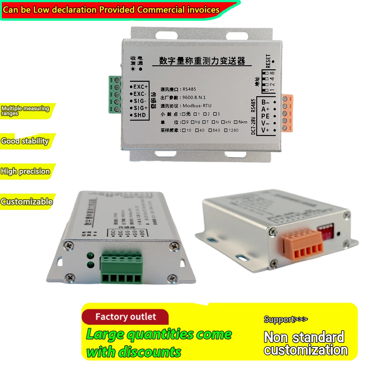 RS485 Single Channel Digital Load Cell Transmitter with Modbus RTU, Multi-Calibration, Wide Voltage 7–28VDC, Industrial Weighing