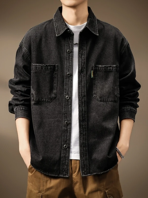 Retro American Denim Workwear Shirt Men's Long Sleeve Autumn New Worn Washed Jacket Loose Fit Youth Trend Brand Casual Shirt