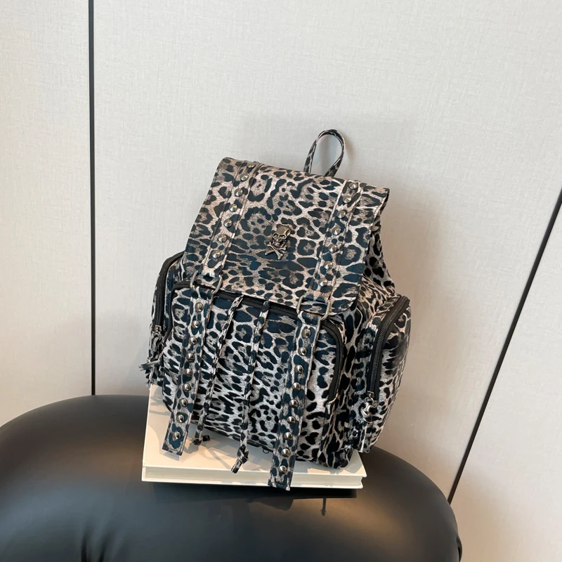 Leopard Colorblock Fashion PU Backpack Large Capacity Flap Drawstring Personalized 2024 Hot Sale Bags for Women Mochila