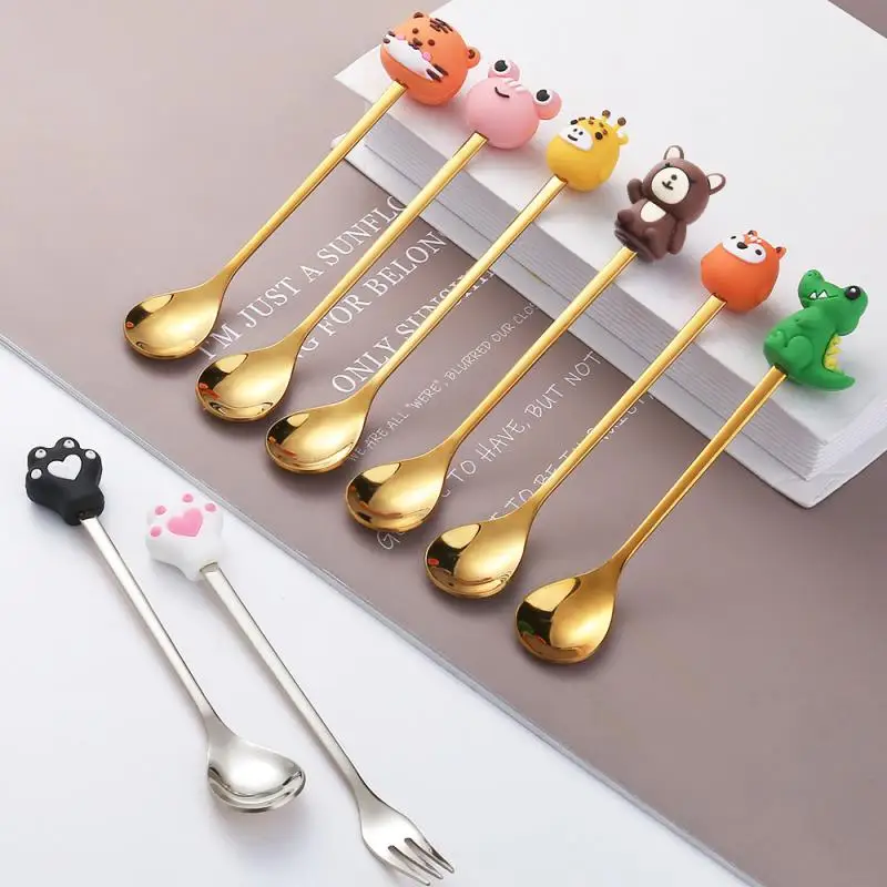 1PC Coffee Spoon Stainless Steel Fruit Forks Stirring Spoon Dessert Spoon Cartoon Cute Summer Small Ice Cream Spoon Tableware