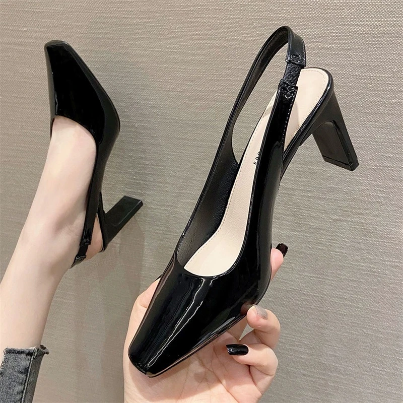 2025 black Women's Shoes Block High Heels 6cm Platform 0.5cm PU Square Head Ladies Pumps Back Strap Slip On Sandals Dress Shoes