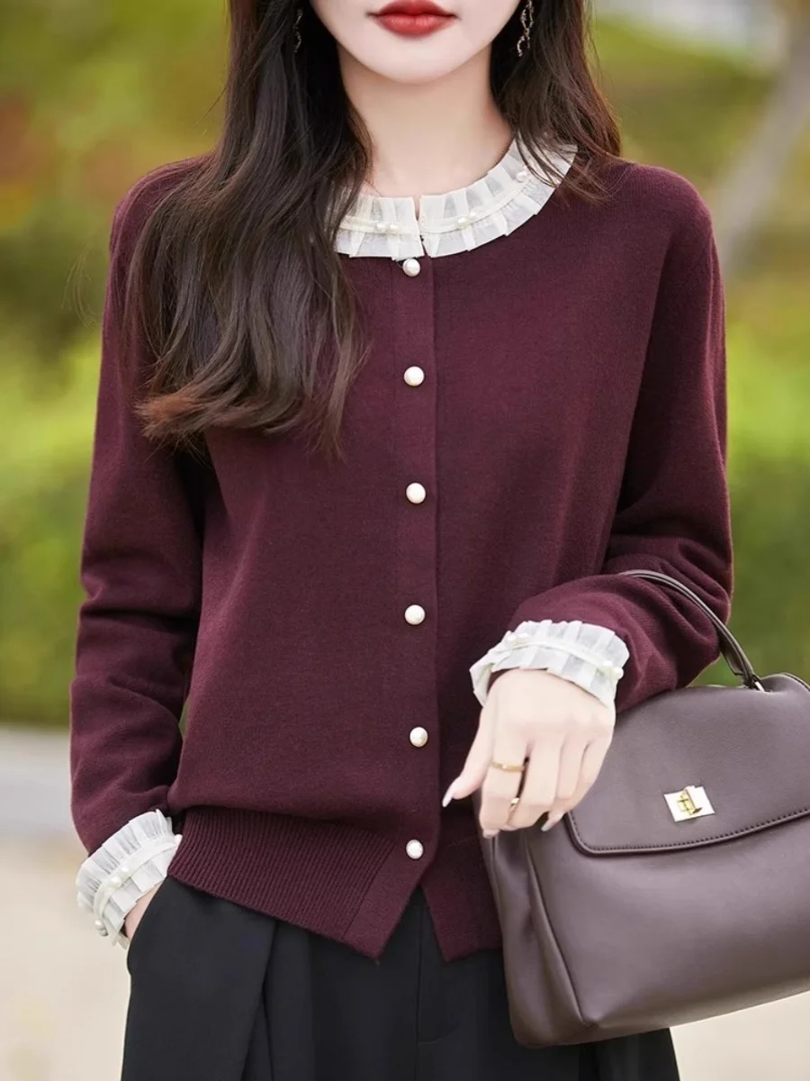 

Thiened Heavyweight Knitted Lace Collar Cardigan Women's ort Outerwear Sweater Faionable Exterior Spun Wool Top