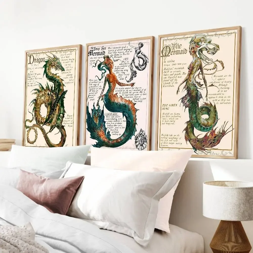 Vintage Monster Poster Prints For Living Room Home Decor Dark Academy Myths Mermaid Siren Fairy Mons