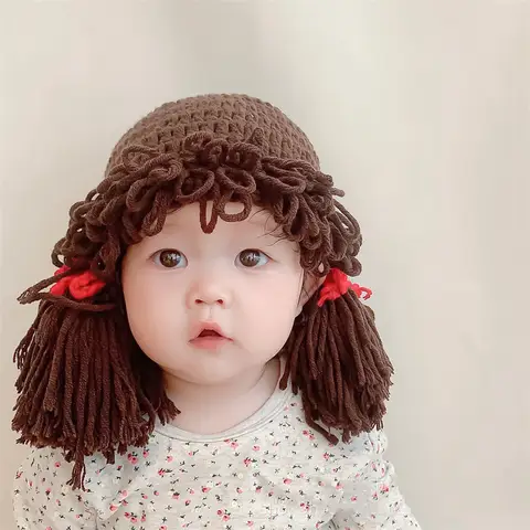 Korea Style 0-3Y Children Baby Girl Wool Hat Hair Pigtail Wig Cap Winter Warm Handmade Crochet Knitted Kids Girls Hats and Caps