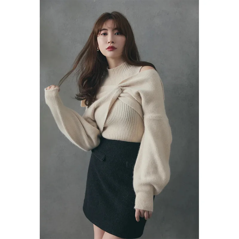 

Gagarich 2025 Fashion Early Spring Japanese Cross-border High Neck Knitted Vest Lantern Sleeve Knitted Pullover Top Women