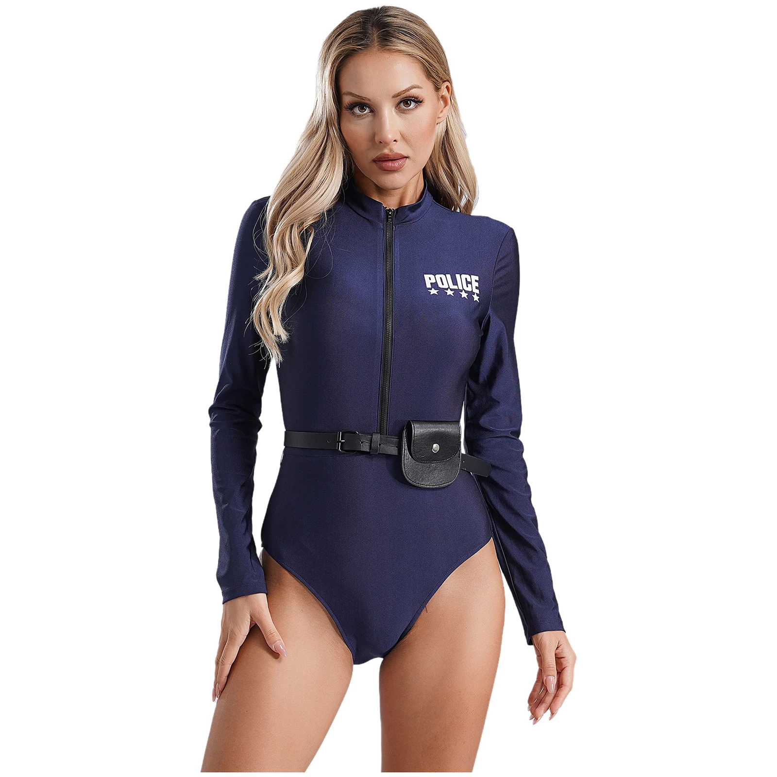 Sexy Policial Cosplay Traje para Mulheres, Uniforme Oficial, Policial Sujo, Bodysuit Print com Zíper, Belt Purse, Roupas Oficiais