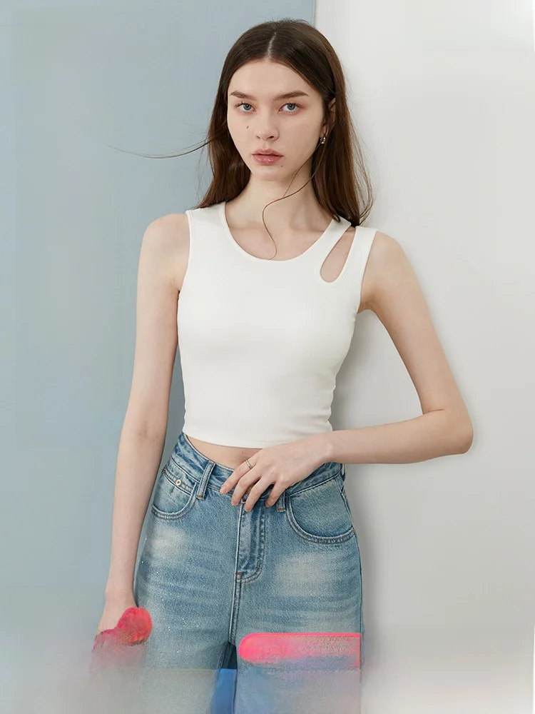 

Dplay Unique oulder Strap Inteated Pad White Vest Women's Faion Summer New Arrival Elastic Fiber round Ne Daily Wear