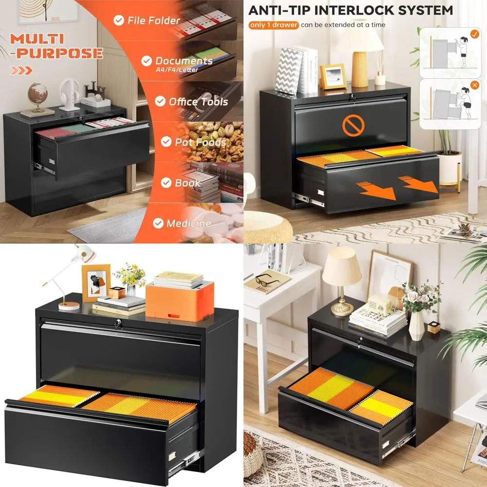 

2-Drawer Metal Lateral File Cabinet with Lock, Home Office Storage for Letter/Legal/A4 Files, Easy Assembly, Black