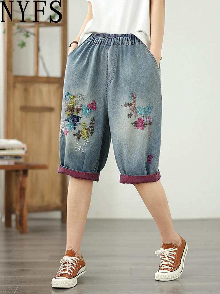 

NYFS 2025 Vintage Women's Loose plus Size Jeans embroidered Elastic Waist Knee Length Denim Shorts Trousers Summer
