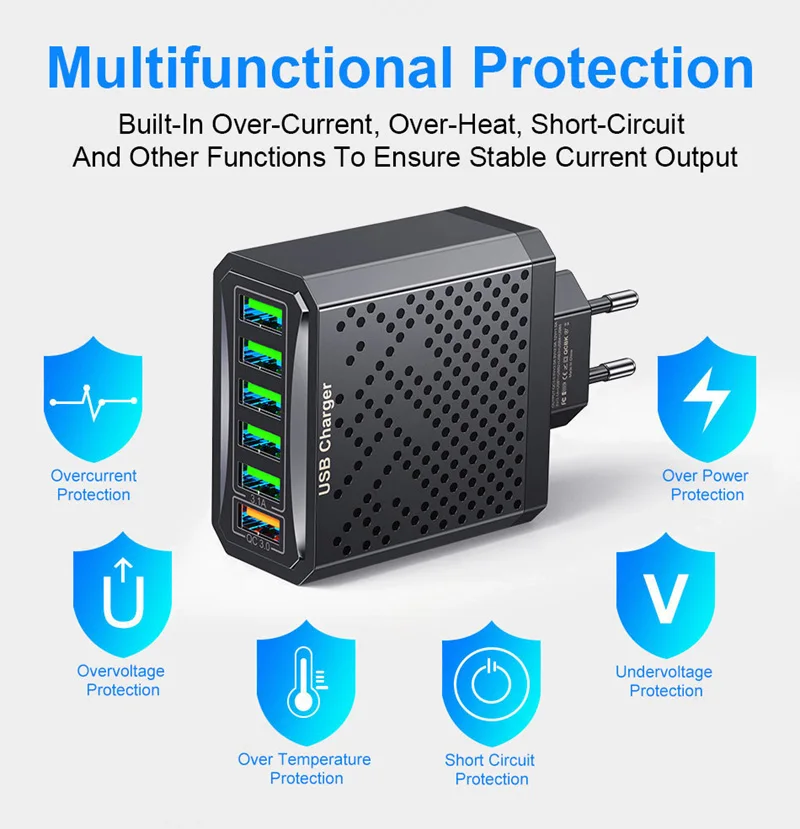 6-in-1 Multi Port Charging Head 5v3a Fast Charging Head Qc3.0 Quick Charging For Samsung S23 Xiaomi Eu/kr/us/uk Adapter Plug