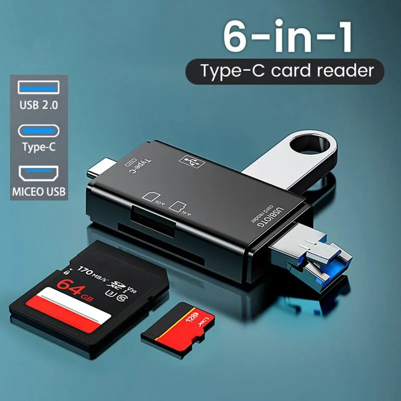 Tutew 6 in 1 Multifunction OTG SD Card Reader USB2.0 Type-C/TF/SD Memory Card Smart Cardreader for Laptop Accessories Adapter