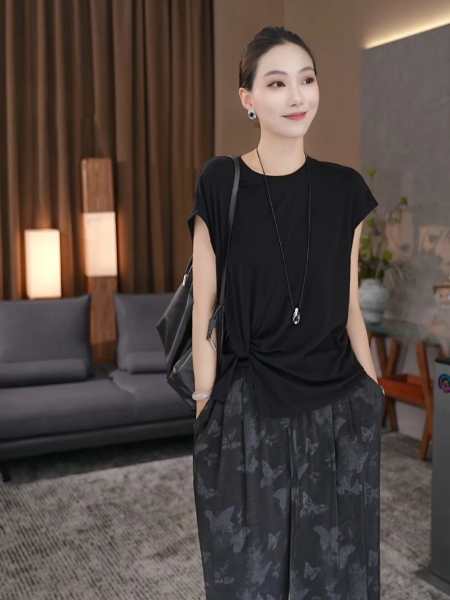 

Casual Sle ort Sve Knot Waist Design Summer New Faion Women's Top Irregular Hem Fly Sve Breathable Moisture ng